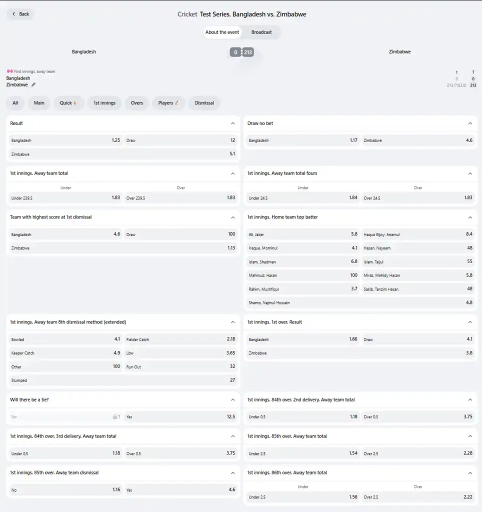 Viewing different betting options for cricket matches on Lucky Star — Explore hundreds of betting markets and maximize your chances!